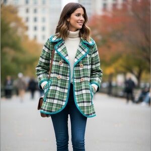 Tabitha (Anthropology) Green and White Pea Coat Classic Plaid Design S